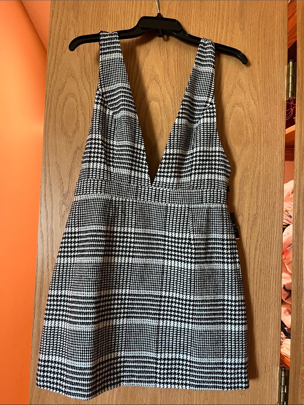 Forever 21 Black and White Plaid Deep V Mini Dress